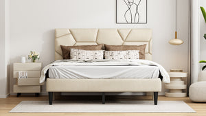 Queen Bed Frame with Linen Storage Headboard in Beige