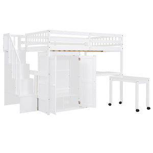 Loft Bed With Stairs, Bookshelf, Drawers, Desk & Wardrobe, Space Saving Multifunctional Furniture