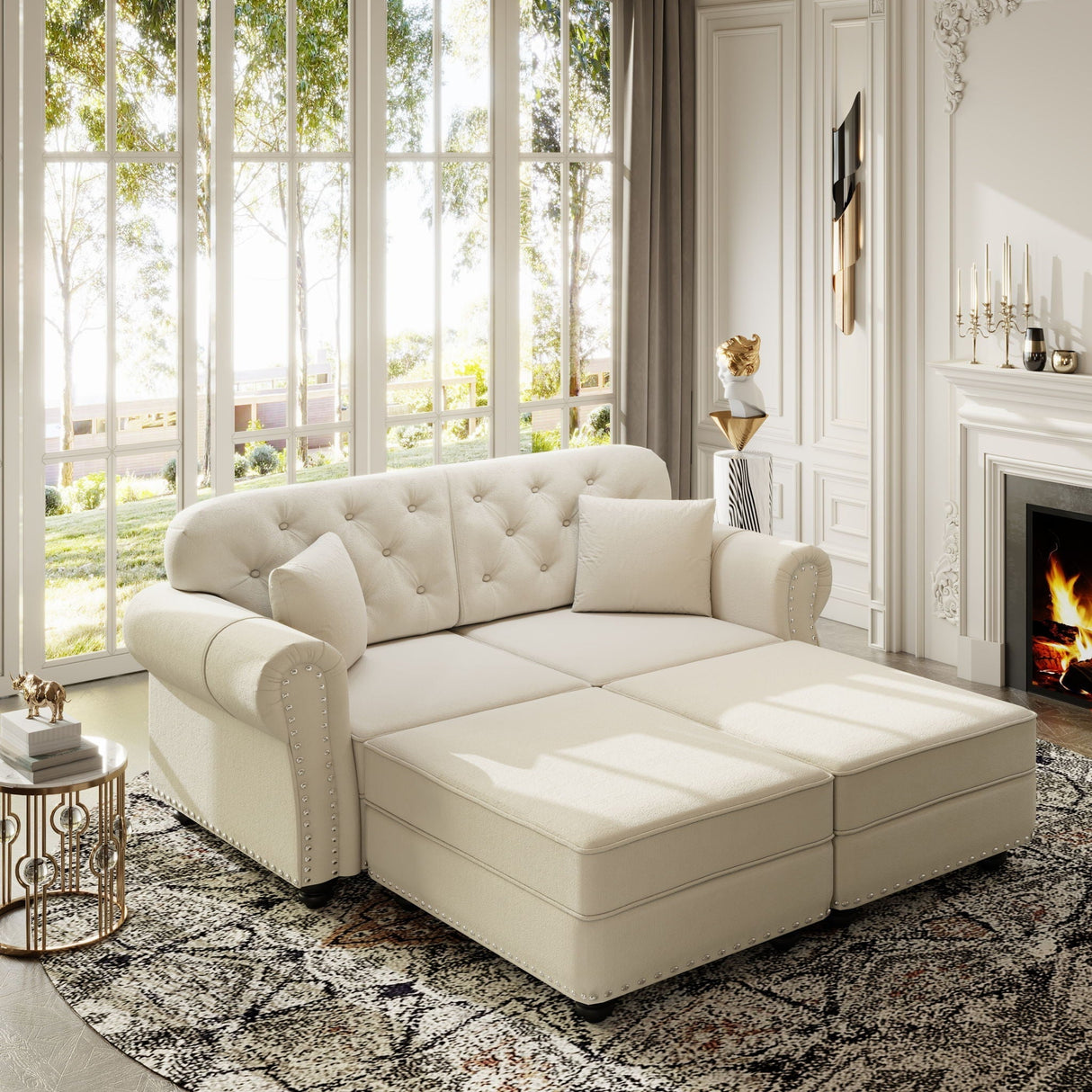 Upholstered Sofa Set With Nailhead Trim and Rolled Armrests, Includes Pillows