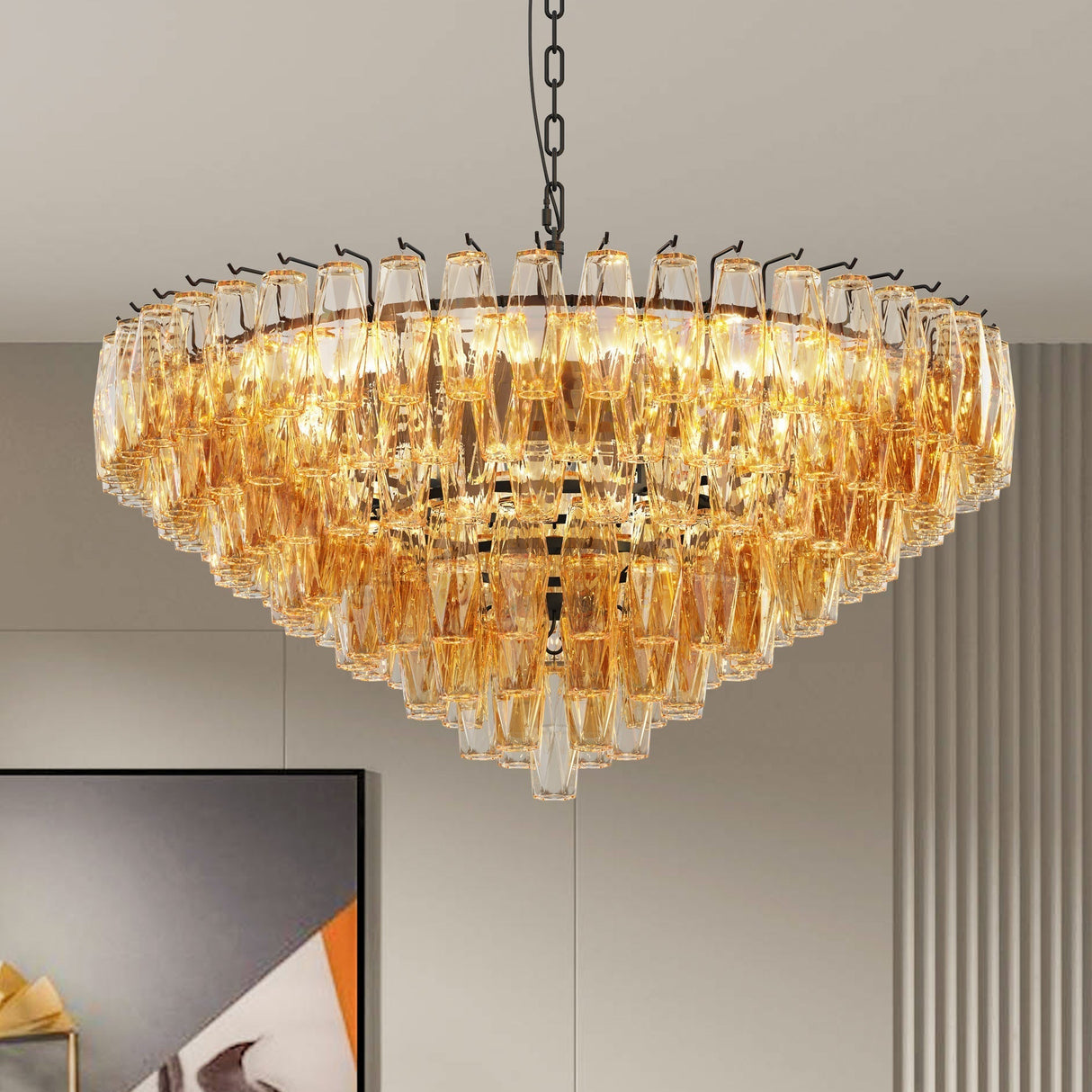 Modern Round 14-Light Black Chandelier with Smoke Glass Tubes