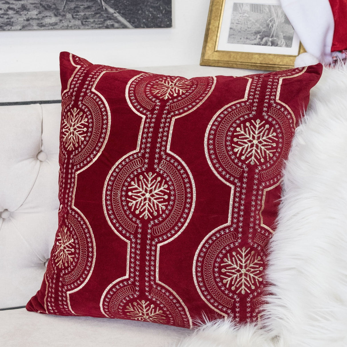 Red Holiday Embroidered Velvet Throw Pillow with Insert 20x20 Set of 2