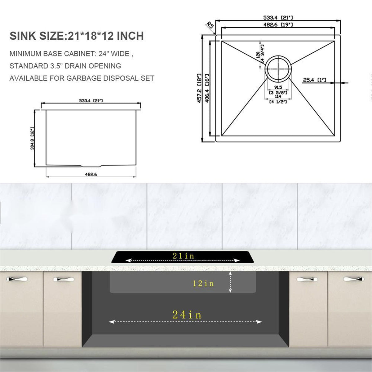 Modern Undermount Stainless Steel Kitchen Sink 16 Gauge, Deep Single Bowl