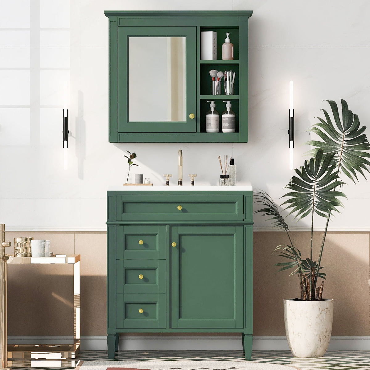 Bathroom Vanity With Medicine Cabinet, Royal Mirror Cabinet, Modern Bathroom Storage Cabinet With 2 Soft Closing Doors And 4 Drawers