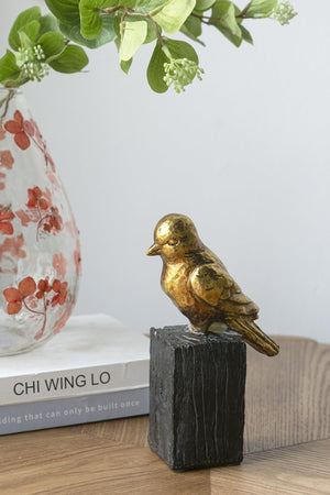 4.5x2.5x7.5' Gold Resin Songbird Sculpture on Black Faux Branch