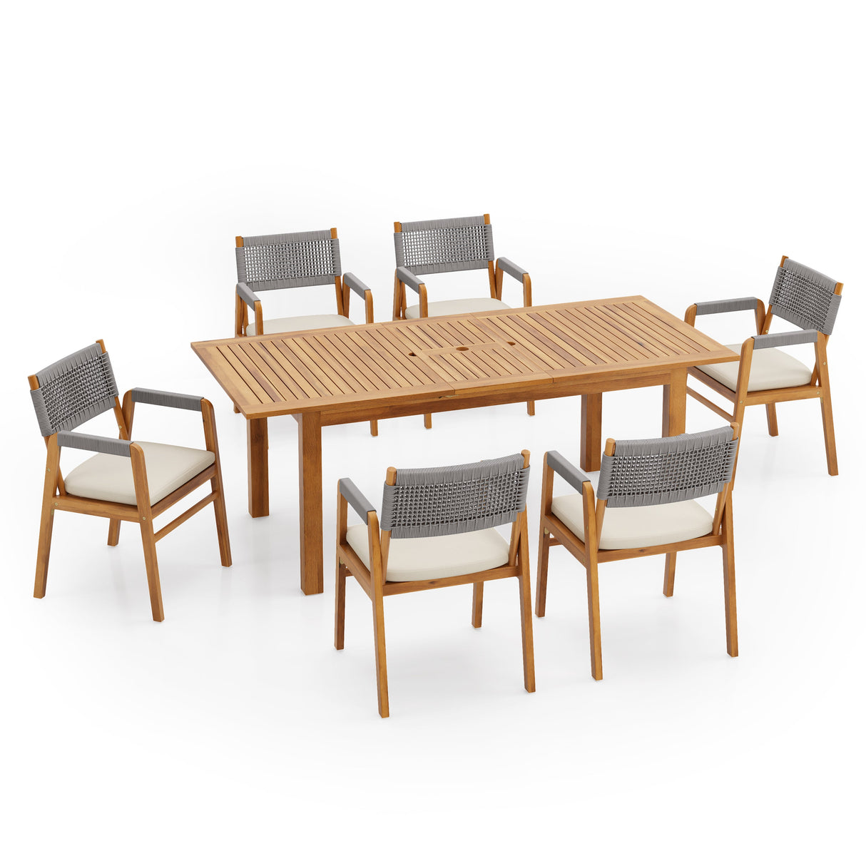 Outdoor 7 Pieces Rustic Patio Acacia Expandable Dining Set with Cushions