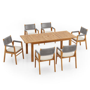 Outdoor 7 Pieces Rustic Patio Acacia Expandable Dining Set with Cushions
