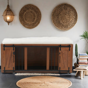 2 in 1 Dog Crate with Padded Seat Walnut 56'L Furniture Style