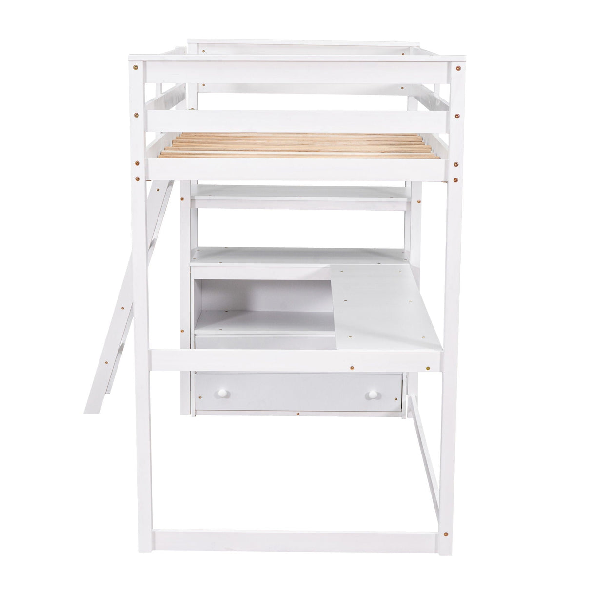 Modern Loft Bed With Built In Desk, Shelves, And 2 Drawers