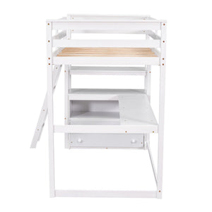 Modern Loft Bed With Built In Desk, Shelves, And 2 Drawers