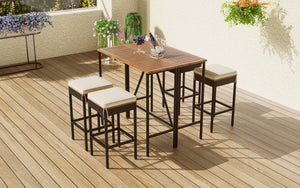 Acacia Wood Outdoor Bar Height Table Set with Cushioned Stools - Light Brown