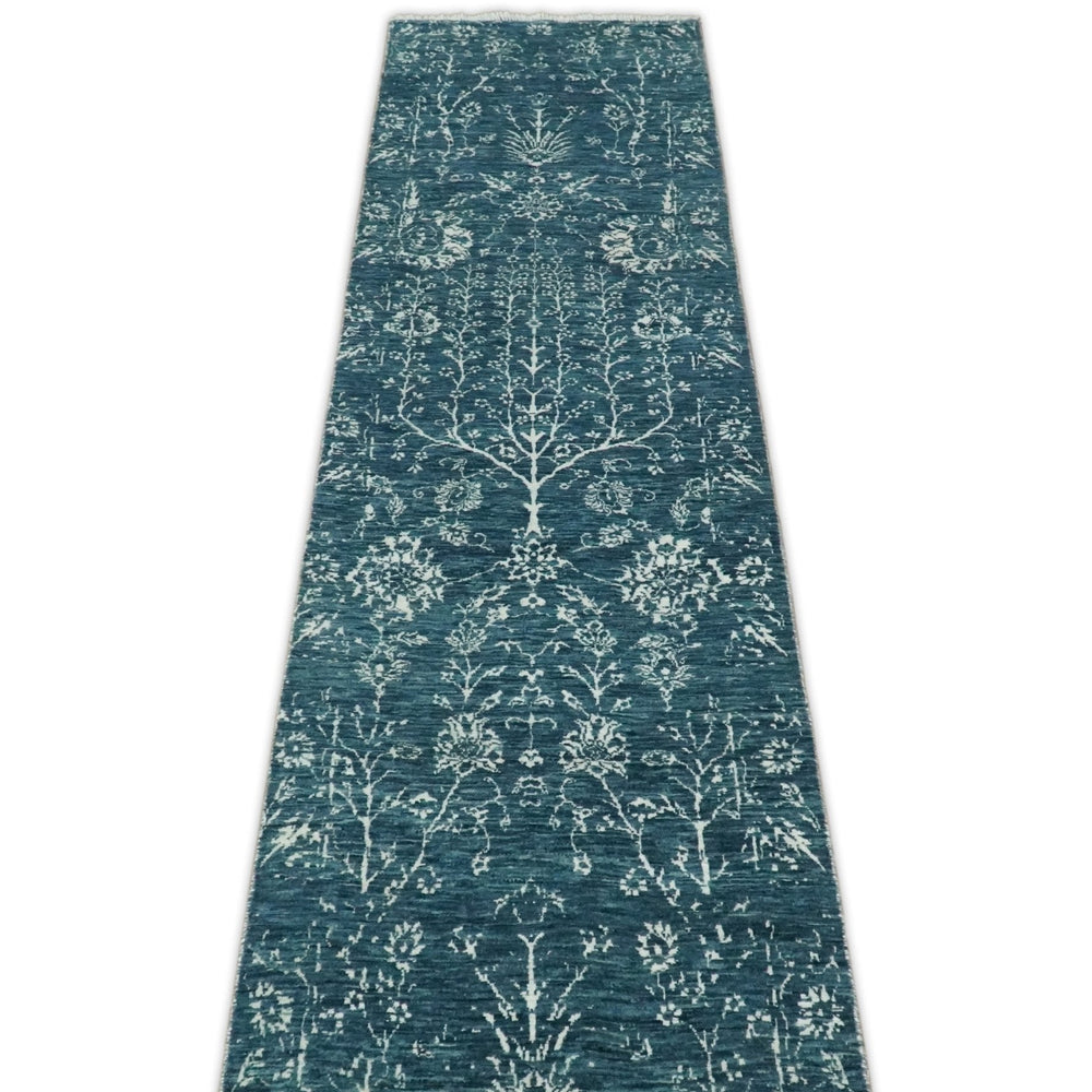 2.6x10 Fine Hand Knotted White and Blue Traditional Persian Style Antique Wool Rug