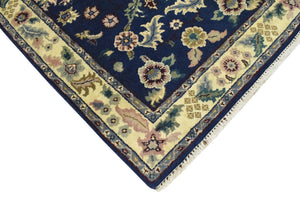 2.6x8 Traditional Blue and Beige Hand Knotted Wool Area Rug