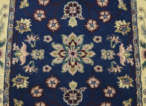 2.6x8 Traditional Blue and Beige Hand Knotted Wool Area Rug