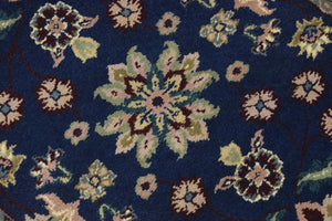 2.6x8 Traditional Blue and Beige Hand Knotted Wool Area Rug