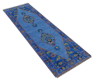 2.6x8 Hand Knotted Traditional Blue And Rust Wool Rug