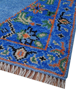 2.6x8 Hand Knotted Traditional Blue And Rust Wool Rug