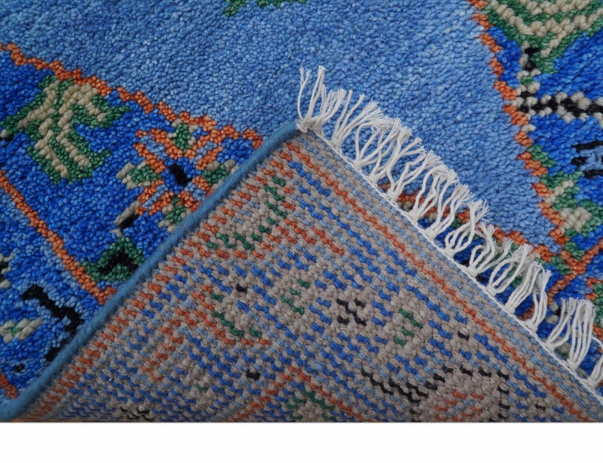 2.6x8 Hand Knotted Traditional Blue And Rust Wool Rug