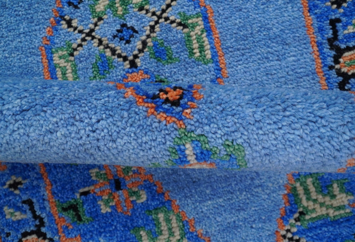 2.6x8 Hand Knotted Traditional Blue And Rust Wool Rug
