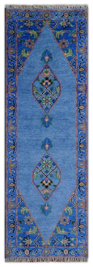2.6x8 Hand Knotted Traditional Blue And Rust Wool Rug