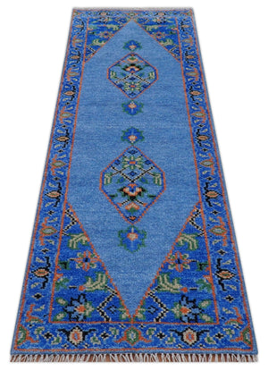 2.6x8 Hand Knotted Traditional Blue And Rust Wool Rug