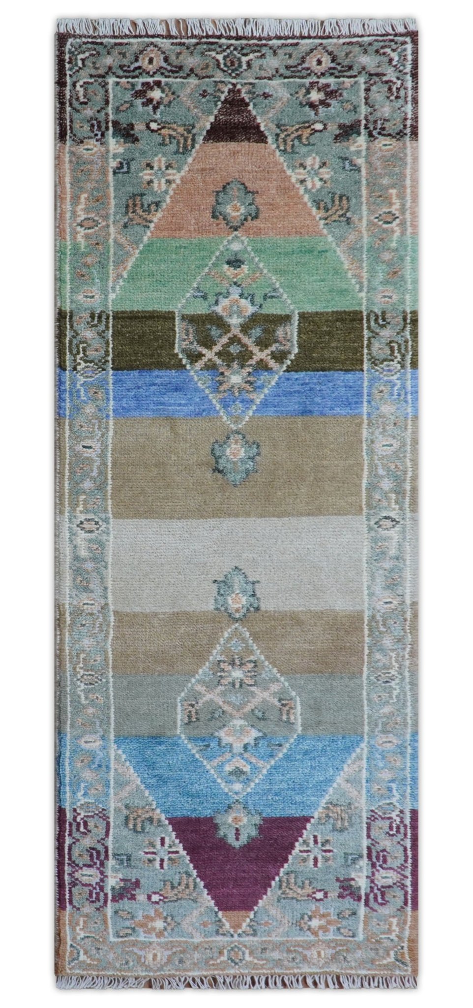 2.6x8 Hand Knotted Transitional Design Multicolor Wool Rug
