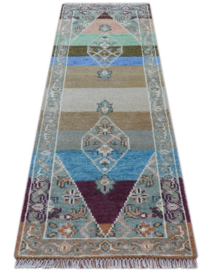 2.6x8 Hand Knotted Transitional Design Multicolor Wool Rug