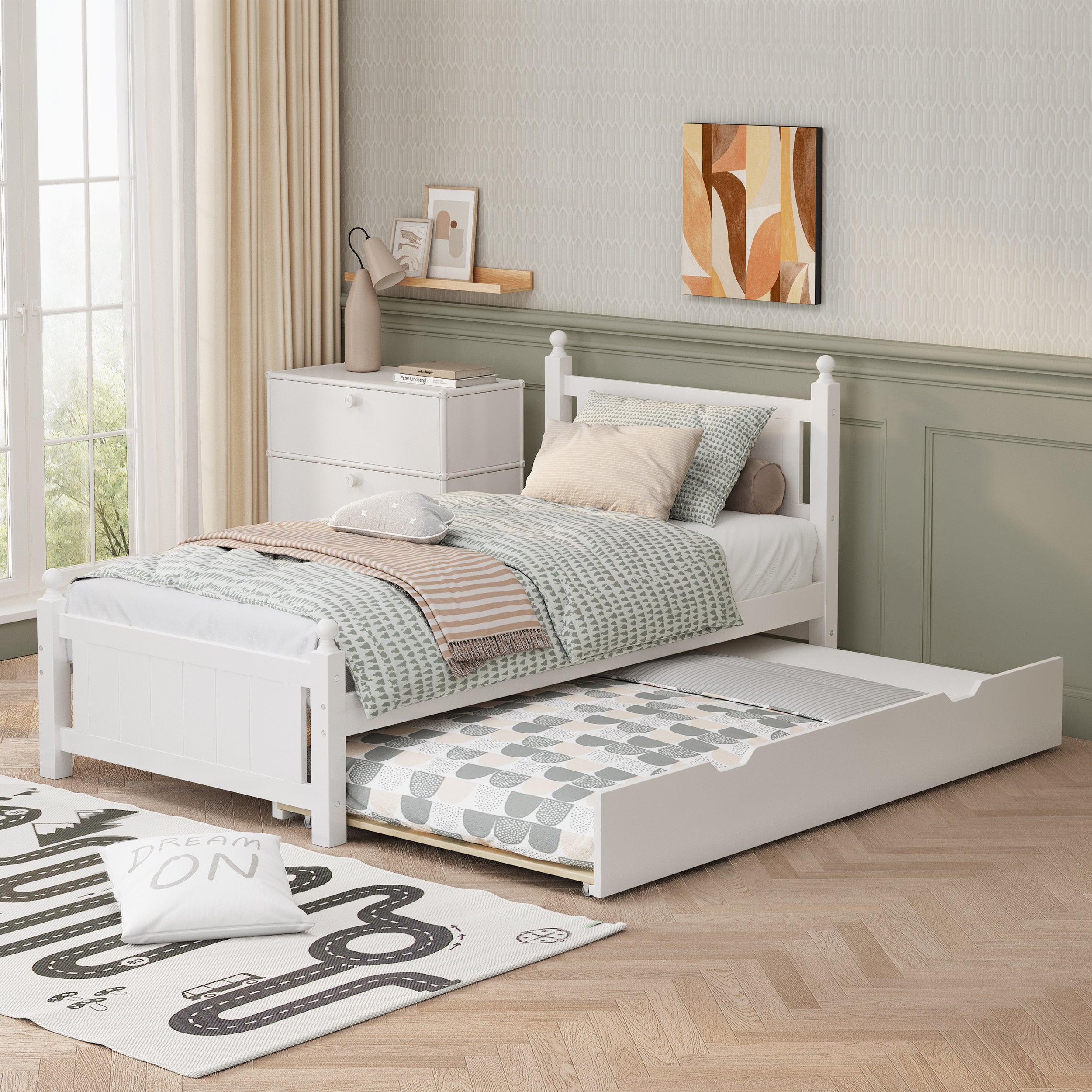 Twin-Size-Solid-Wood-Platform-Bed-Frame-with-trundle-,-White-Kids-Beds