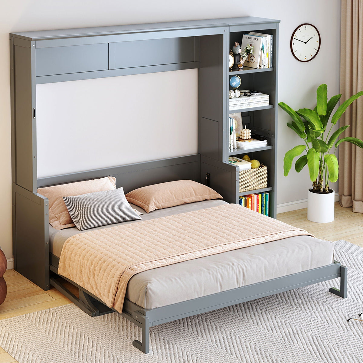 Murphy Bed with Desk and Bookshelf - Solid Pine, Full & Queen Sizes