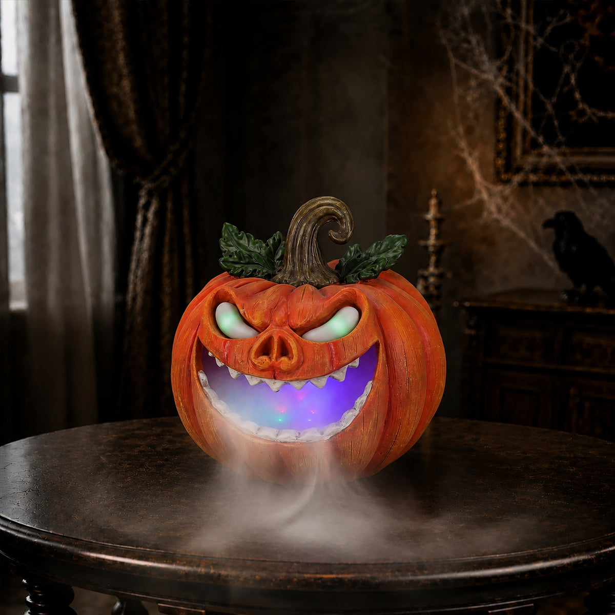 Halloween Pumpkin Monster Mist Sprayer, LED Light Up Fogger Figurine