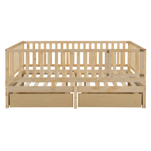 Daybed With Fence Guardrails And 2 Drawers, Split Into Independent Floor Bed & Daybed