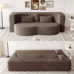 Modern Floor Sofa with 2 Pillows, Convertible Teddy Fabric Foam Filled Bed