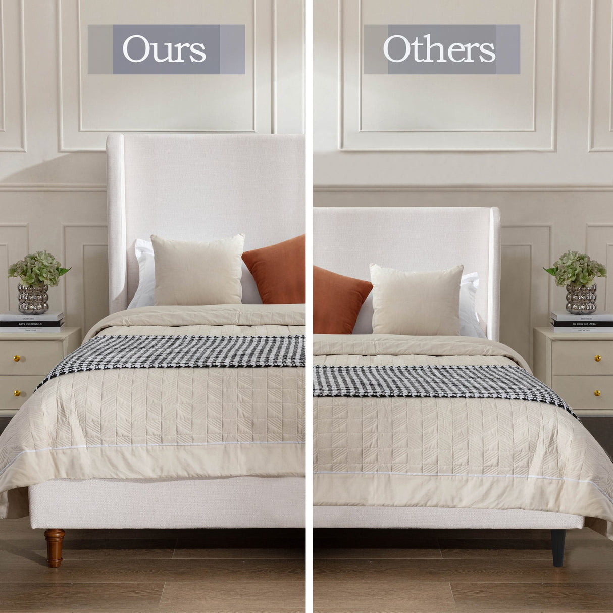 Hayden King Size Upholstered Wingback Bed with Textured Ivory Canvas and Tall 54" Headboard