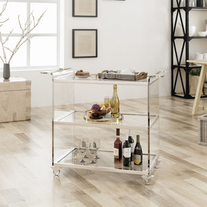 Elegant Acrylic Bar Cart With Tempered Glass Shelves And Rattan Metal Frame - Clear