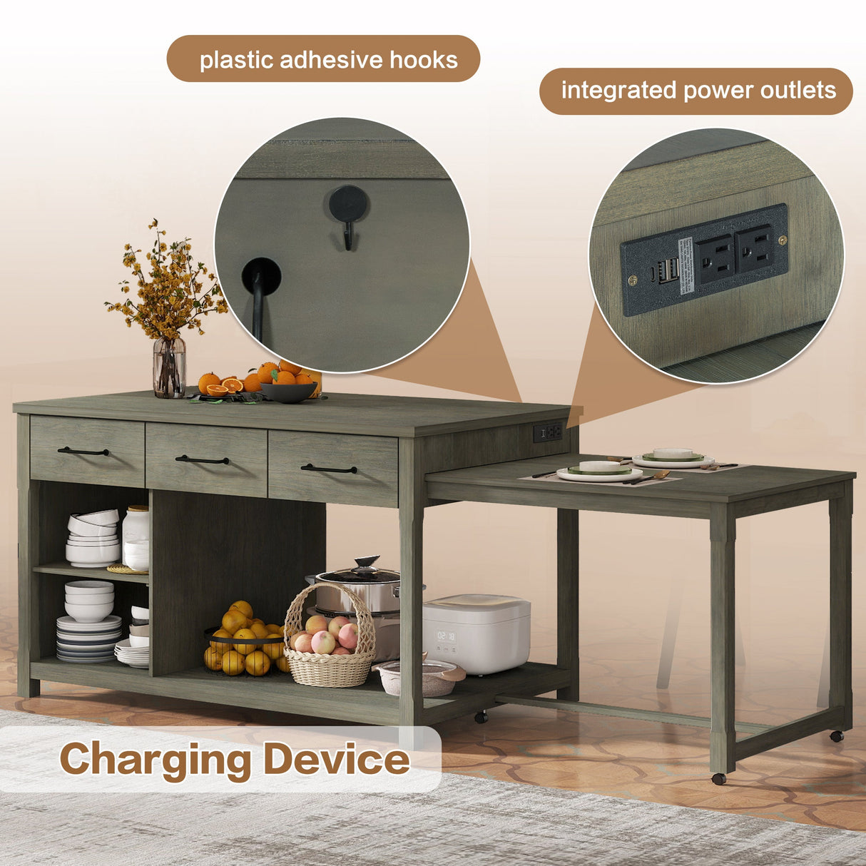 TREXM Extendable Kitchen Island with Storage