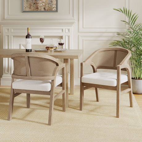 Wooden Frame Dining Chair with Rattan Back, Set of 2