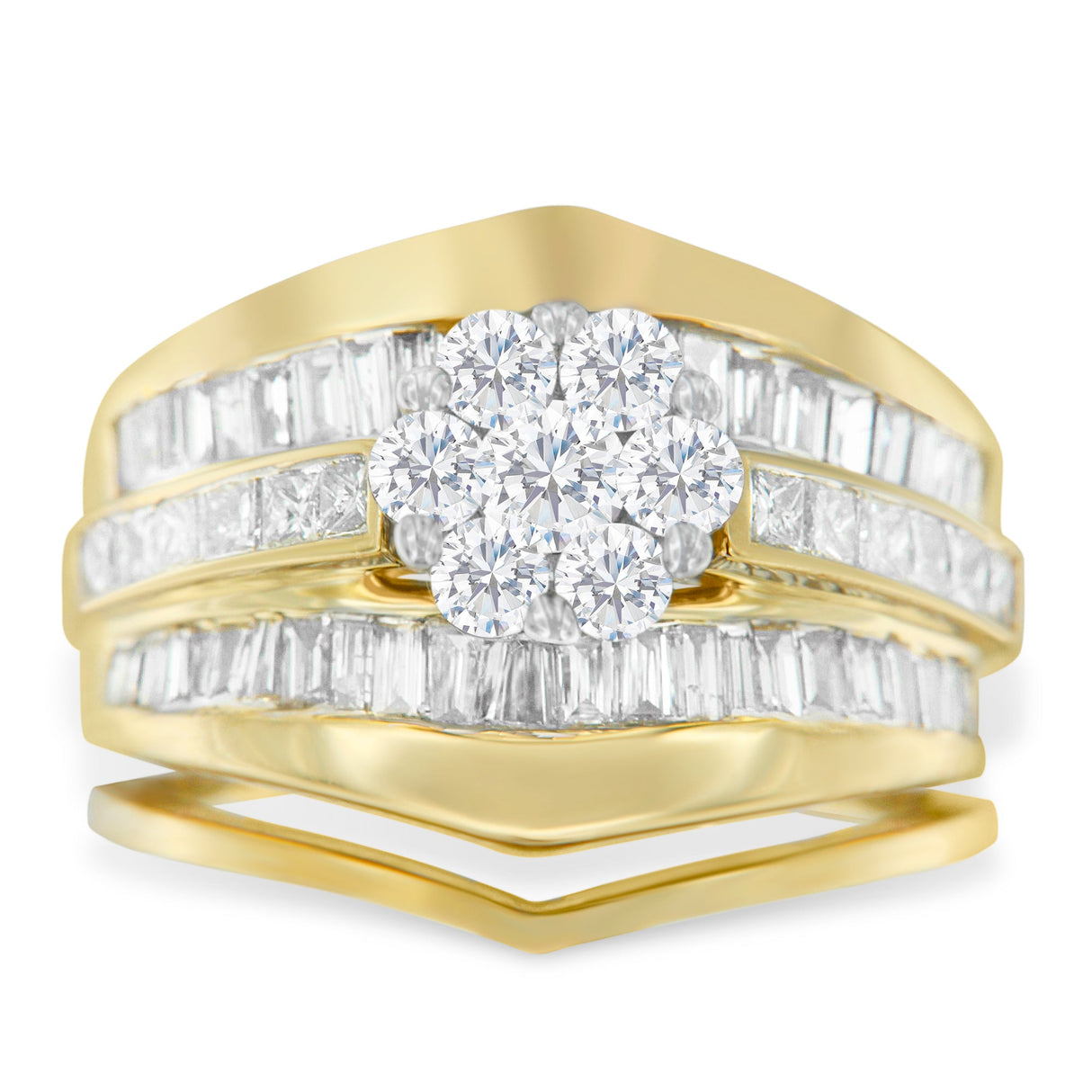 14K Yellow Gold 2-1/3 Cttw Diamond Cluster Channel Set Chevron Shaped Band Engagement Ring & Wedding Band Set