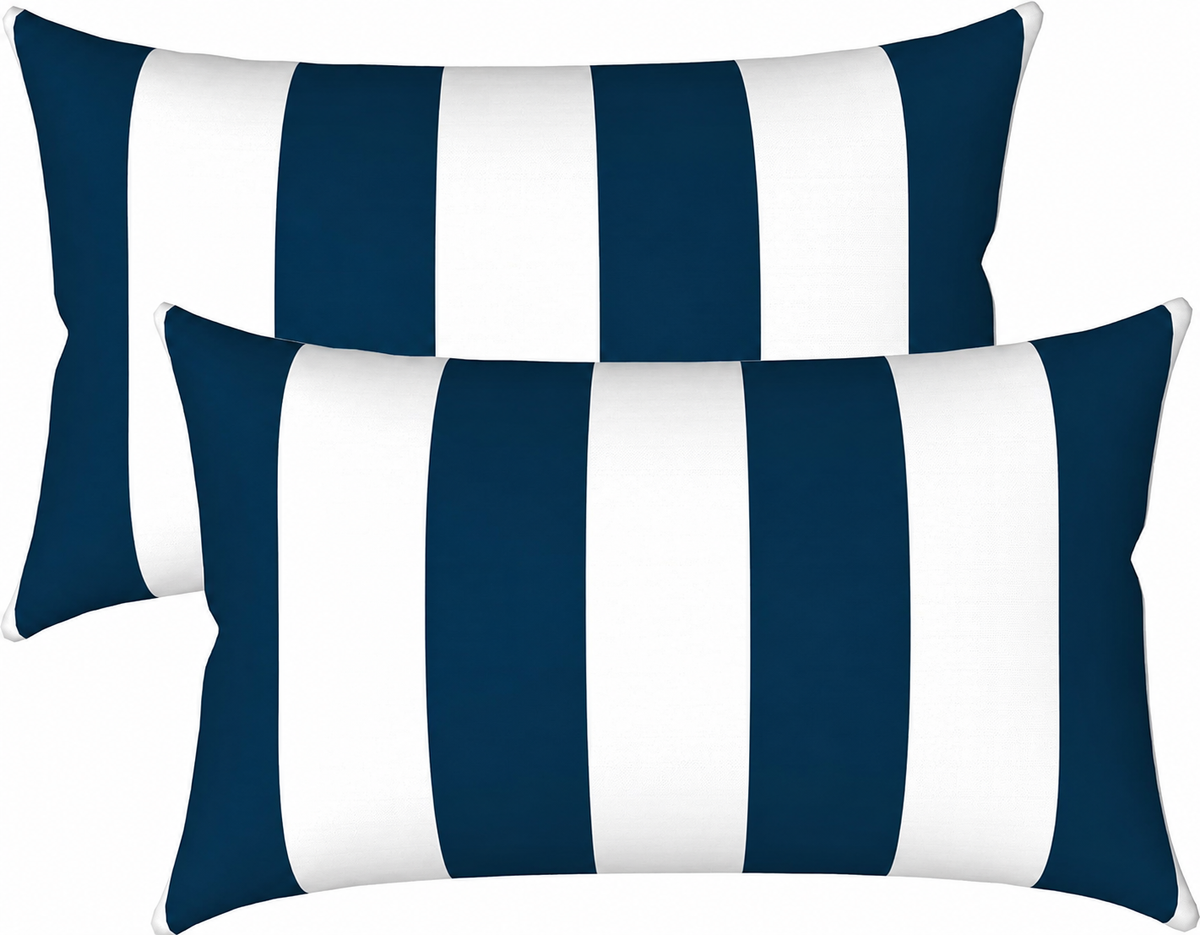2 Pack Outdoor Lumbar Pillow Covers - Navy Blue/White Striped
