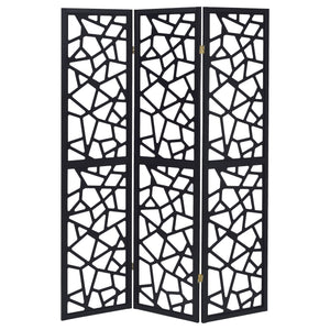 3 Panel Folding Screen With Mosaic Cutout Design - Black