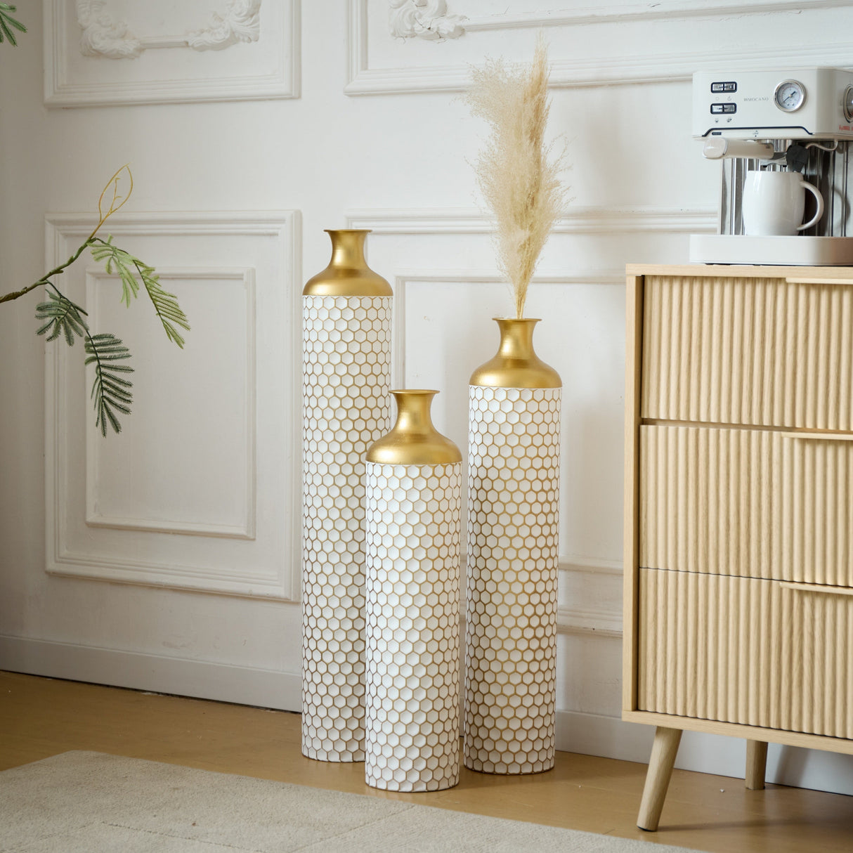 3-Piece Modern Metal Vase Set - White & Gold