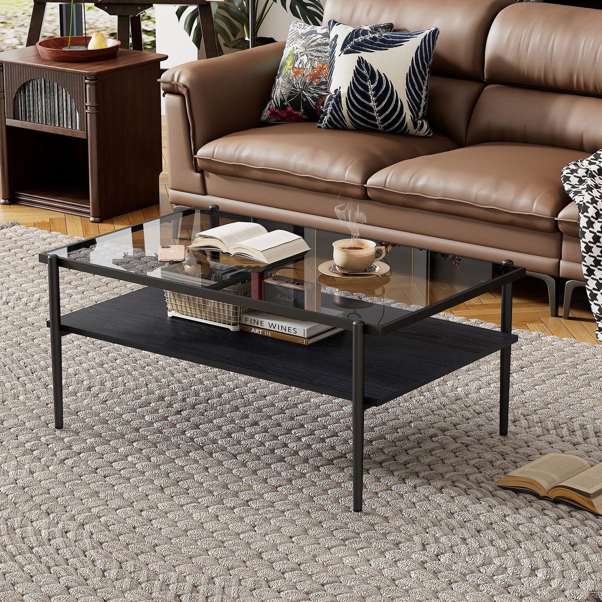 Rectangle Coffee Table With Tempered Glass Top And Legs, Modern Table For Living Room
