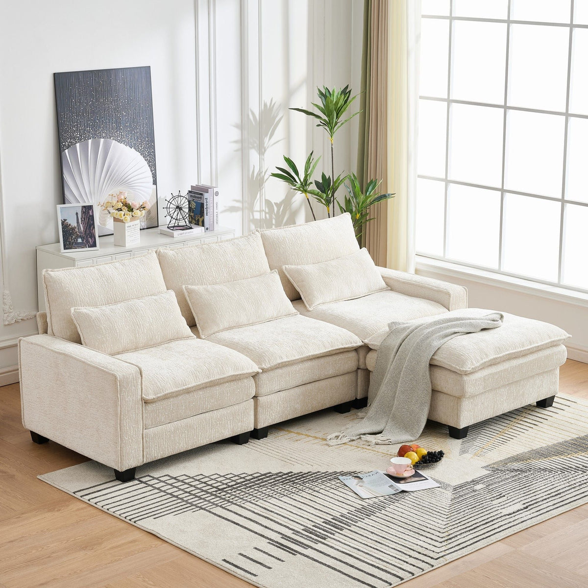 Modern Comfy L Shaped Sectional Sofa With Movable Ottoman