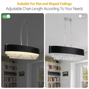 39' Modern Crystal Chandelier with Black Imitation Velvet Anti-Glare Shade, Adjustable Height, 8-Light G9 Base for Dining Room, Living Room, or Bedroom (Bulb Not Included)