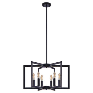 22' Modern Black Geometric 6-Light Chandelier – Industrial Metal Pendant Light Fixture for Living Room, Dining Room, or Kitchen (Bulb Not Included)