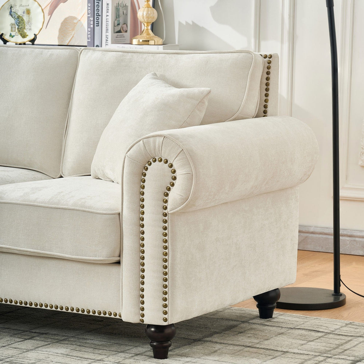 3 Seater Sofa With Tufted Upholstery, Rolled Arms, Nailhead Trim
