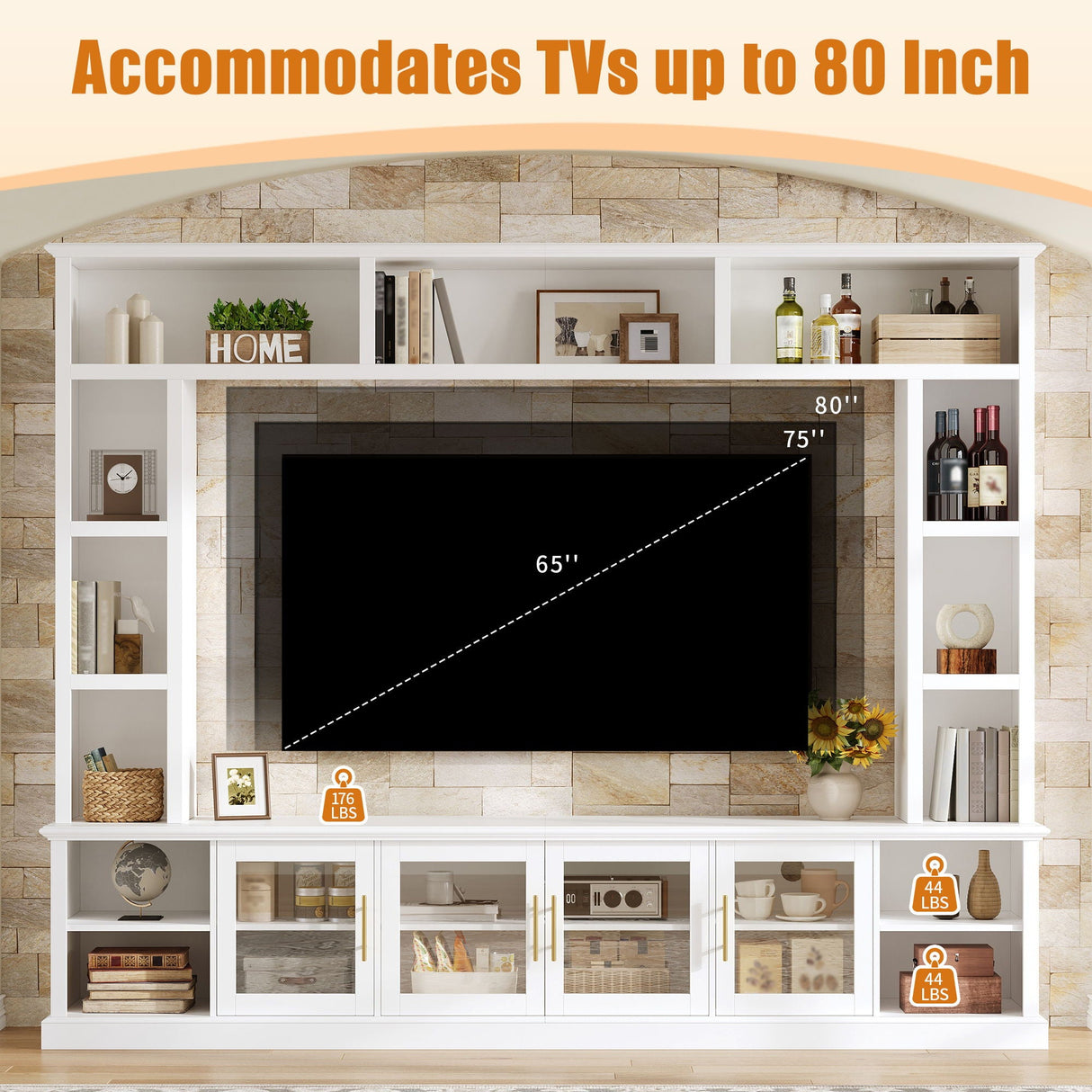 All-In-One Entertainment Center With Bookshelves & Tempered Glass Doors, TV Console Unit For Living Room