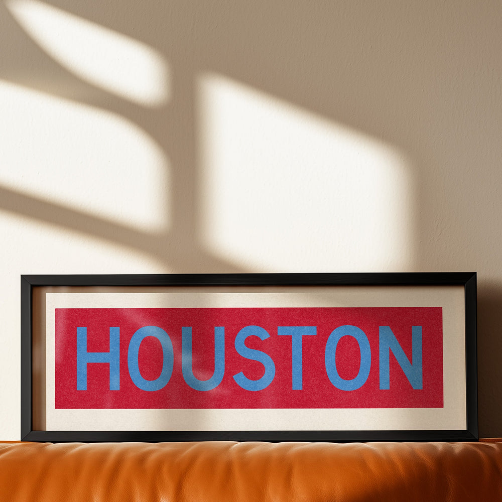 Framed Houston Baby Blue Bus Scroll