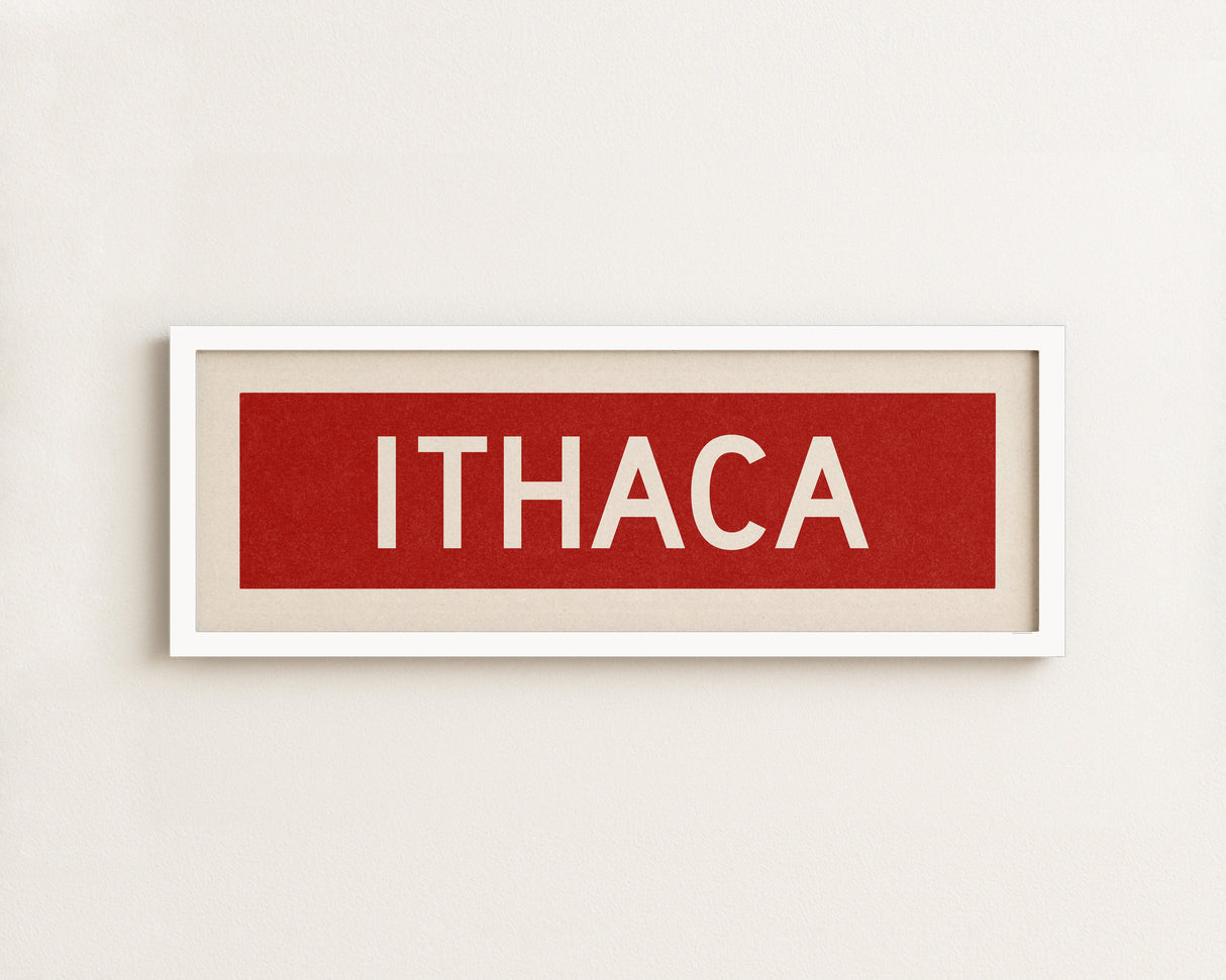 Framed Ithaca Red and White Bus Scroll