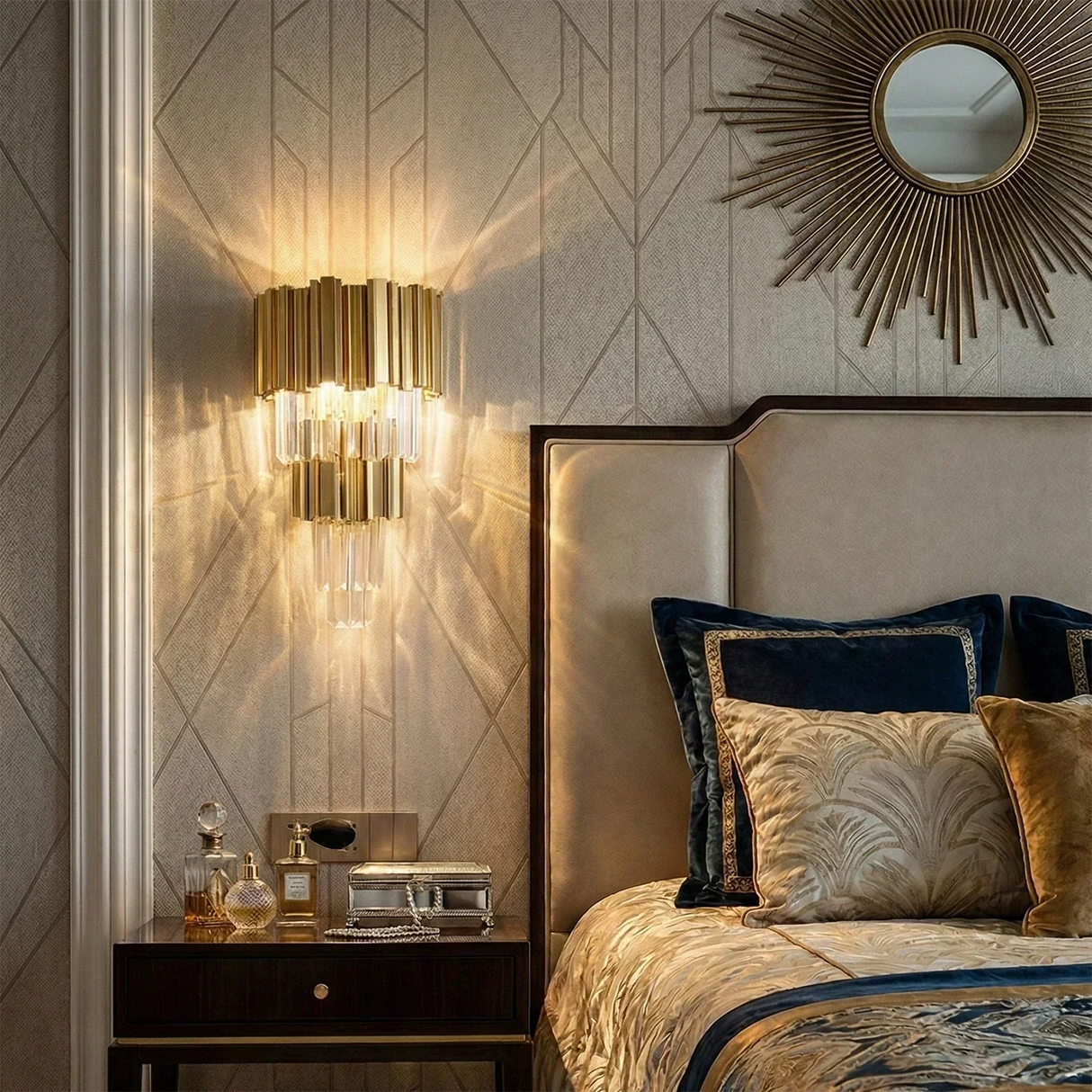 Art Deco Crystal Wall Sconce Gold Chrome – Empire Style E12 Dimmable Wall Light