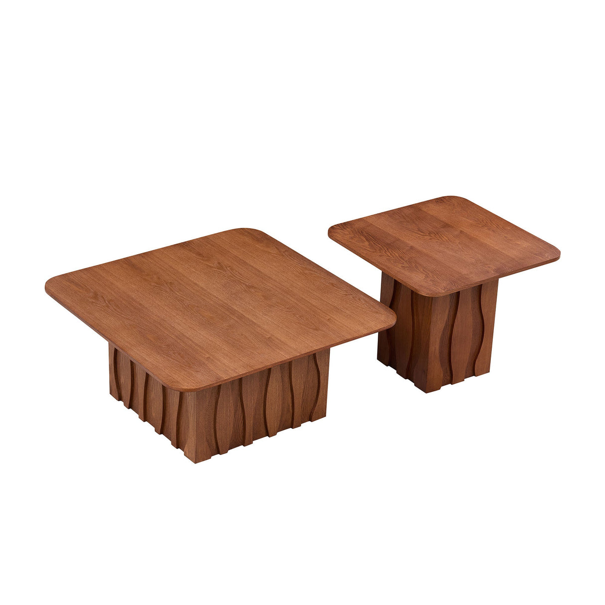 2PCS Nesting Square Coffee Table Mid-Century Wavy Fluted Base