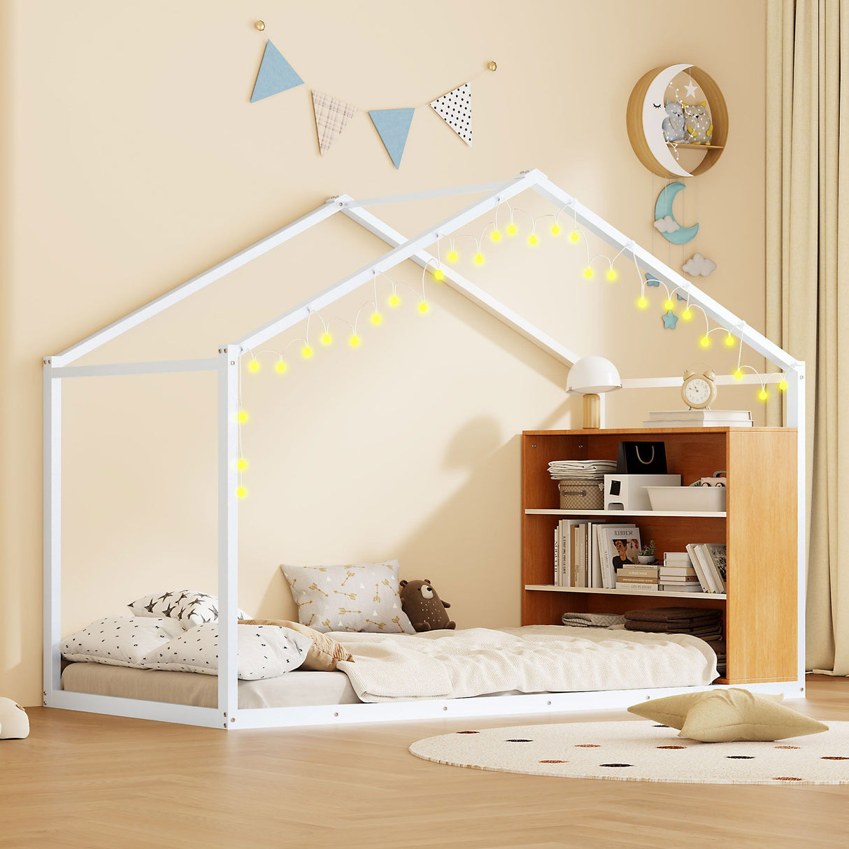 Bed House Frame With Shelves And Lights